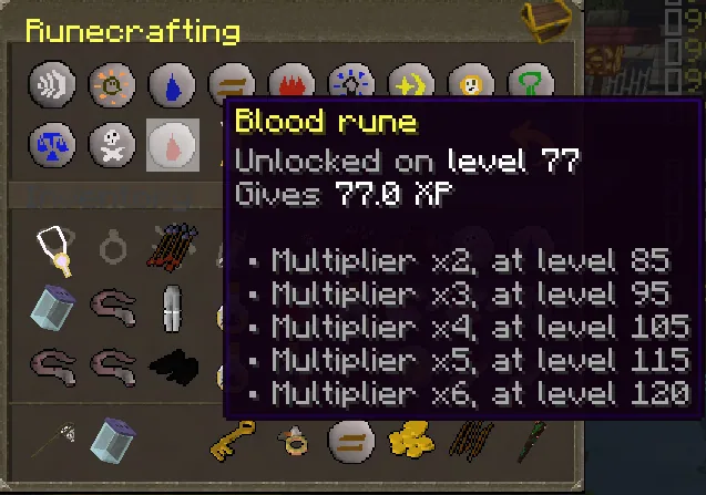 The runecrafting panel: what each rune needs and where the multipliers start